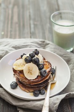 Pancake with bananas and blueberries