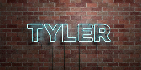 TYLER - fluorescent Neon tube Sign on brickwork - Front view - 3D rendered royalty free stock picture. Can be used for online banner ads and direct mailers..