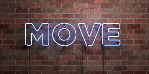 MOVE - fluorescent Neon tube Sign on brickwork - Front view - 3D rendered royalty free stock picture. Can be used for online banner ads and direct mailers..