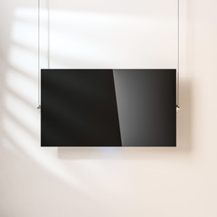 Modern Smart TV panel Mockup with blank screen hanging on the wall by ropes, 3d rendering
