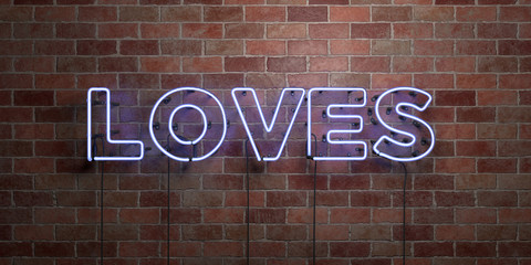 LOVES - fluorescent Neon tube Sign on brickwork - Front view - 3D rendered royalty free stock picture. Can be used for online banner ads and direct mailers..
