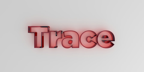 Trace - Red glass text on white background - 3D rendered royalty free stock image.