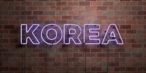 KOREA - fluorescent Neon tube Sign on brickwork - Front view - 3D rendered royalty free stock picture. Can be used for online banner ads and direct mailers..