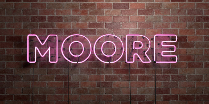 MOORE - fluorescent Neon tube Sign on brickwork - Front view - 3D rendered royalty free stock picture. Can be used for online banner ads and direct mailers..