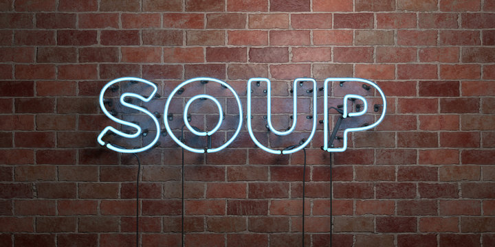 SOUP - fluorescent Neon tube Sign on brickwork - Front view - 3D rendered royalty free stock picture. Can be used for online banner ads and direct mailers..