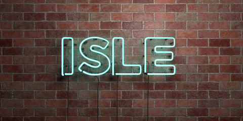ISLE - fluorescent Neon tube Sign on brickwork - Front view - 3D rendered royalty free stock picture. Can be used for online banner ads and direct mailers..