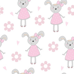 Hand drawn vector pattern of cute bunny in a pink dress. vector illustration