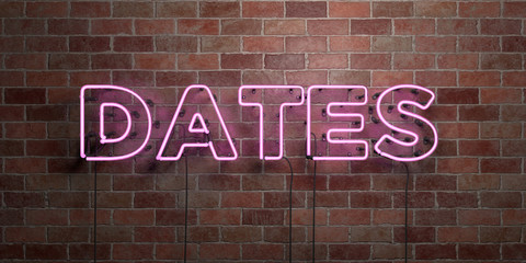 Obraz premium DATES - fluorescent Neon tube Sign on brickwork - Front view - 3D rendered royalty free stock picture. Can be used for online banner ads and direct mailers..