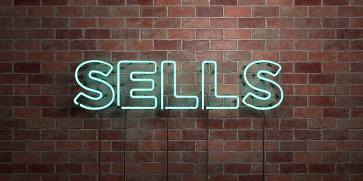 SELLS - fluorescent Neon tube Sign on brickwork - Front view - 3D rendered royalty free stock picture. Can be used for online banner ads and direct mailers..