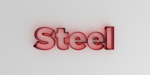 Steel - Red glass text on white background - 3D rendered royalty free stock image.