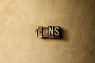 ICONS - close-up of grungy vintage typeset word on metal backdrop. Royalty free stock illustration.  Can be used for online banner ads and direct mail.