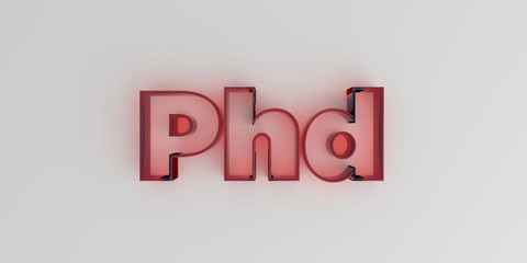 Phd - Red glass text on white background - 3D rendered royalty free stock image.