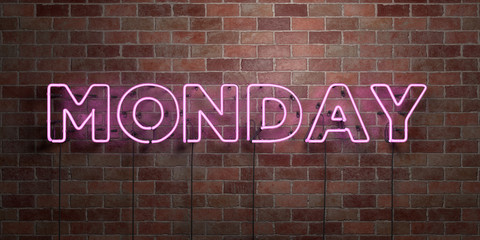 MONDAY - fluorescent Neon tube Sign on brickwork - Front view - 3D rendered royalty free stock picture. Can be used for online banner ads and direct mailers..