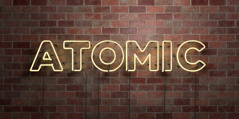ATOMIC - fluorescent Neon tube Sign on brickwork - Front view - 3D rendered royalty free stock picture. Can be used for online banner ads and direct mailers..