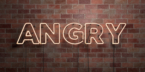 ANGRY - fluorescent Neon tube Sign on brickwork - Front view - 3D rendered royalty free stock picture. Can be used for online banner ads and direct mailers..