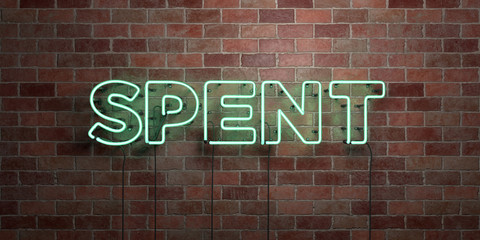 SPENT - fluorescent Neon tube Sign on brickwork - Front view - 3D rendered royalty free stock picture. Can be used for online banner ads and direct mailers..