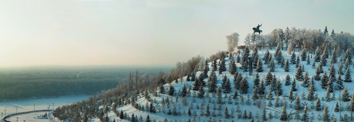 Monument to Salavat Yulaev in Ufa on the slope in winter