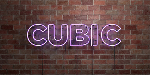 CUBIC - fluorescent Neon tube Sign on brickwork - Front view - 3D rendered royalty free stock picture. Can be used for online banner ads and direct mailers..