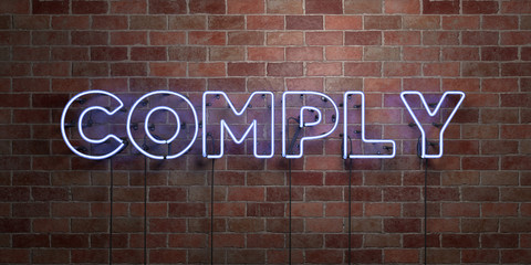 COMPLY - fluorescent Neon tube Sign on brickwork - Front view - 3D rendered royalty free stock picture. Can be used for online banner ads and direct mailers..