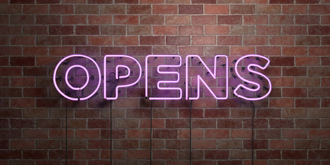 OPENS - fluorescent Neon tube Sign on brickwork - Front view - 3D rendered royalty free stock picture. Can be used for online banner ads and direct mailers..