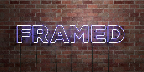 FRAMED - fluorescent Neon tube Sign on brickwork - Front view - 3D rendered royalty free stock picture. Can be used for online banner ads and direct mailers..
