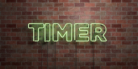 TIMER - fluorescent Neon tube Sign on brickwork - Front view - 3D rendered royalty free stock picture. Can be used for online banner ads and direct mailers..