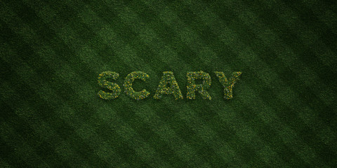 SCARY - fresh Grass letters with flowers and dandelions - 3D rendered royalty free stock image. Can be used for online banner ads and direct mailers..