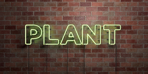 PLANT - fluorescent Neon tube Sign on brickwork - Front view - 3D rendered royalty free stock picture. Can be used for online banner ads and direct mailers..