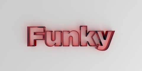 Funky - Red glass text on white background - 3D rendered royalty free stock image.