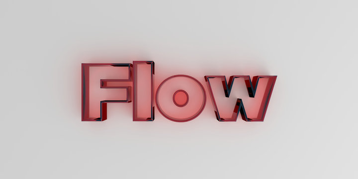 Flow - Red glass text on white background - 3D rendered royalty free stock image.