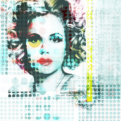 Abstract background with elements of photography beautiful girl in pop-art style..
