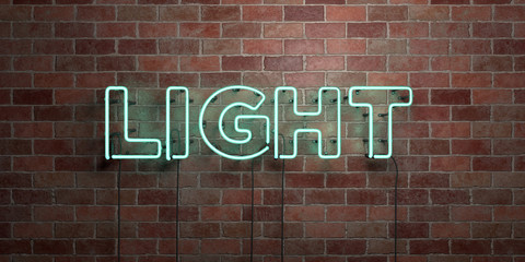 LIGHT - fluorescent Neon tube Sign on brickwork - Front view - 3D rendered royalty free stock picture. Can be used for online banner ads and direct mailers..