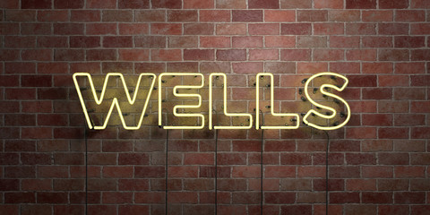 WELLS - fluorescent Neon tube Sign on brickwork - Front view - 3D rendered royalty free stock picture. Can be used for online banner ads and direct mailers..