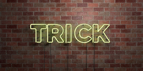 TRICK - fluorescent Neon tube Sign on brickwork - Front view - 3D rendered royalty free stock picture. Can be used for online banner ads and direct mailers..