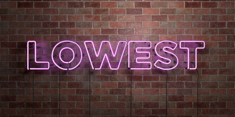 LOWEST - fluorescent Neon tube Sign on brickwork - Front view - 3D rendered royalty free stock picture. Can be used for online banner ads and direct mailers..