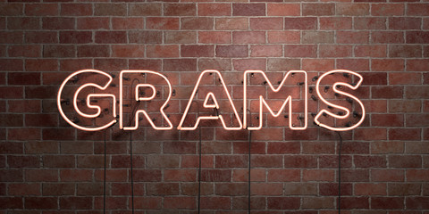 GRAMS - fluorescent Neon tube Sign on brickwork - Front view - 3D rendered royalty free stock picture. Can be used for online banner ads and direct mailers..