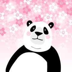 Cute giant panda bear with pink cherry blossoms background. Kids poster or birthday greeting card, vector illustration.