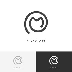 Black cat logo - outline kitty or kitten symbol. Vet and pet vector icon.