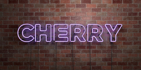 CHERRY - fluorescent Neon tube Sign on brickwork - Front view - 3D rendered royalty free stock picture. Can be used for online banner ads and direct mailers..