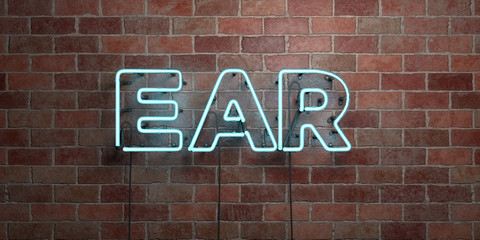 EAR - fluorescent Neon tube Sign on brickwork - Front view - 3D rendered royalty free stock picture. Can be used for online banner ads and direct mailers..