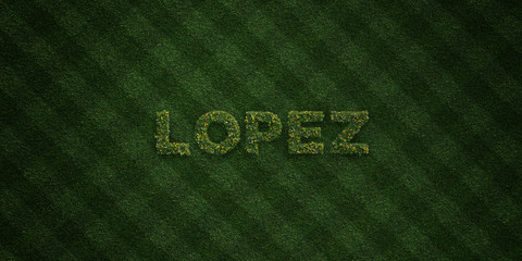 LOPEZ - fresh Grass letters with flowers and dandelions - 3D rendered royalty free stock image. Can be used for online banner ads and direct mailers..