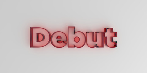 Debut - Red glass text on white background - 3D rendered royalty free stock image.
