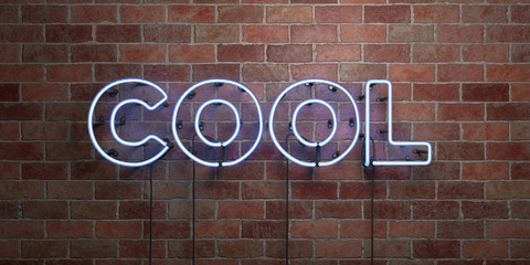 COOL - fluorescent Neon tube Sign on brickwork - Front view - 3D rendered royalty free stock picture. Can be used for online banner ads and direct mailers..