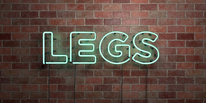 LEGS - fluorescent Neon tube Sign on brickwork - Front view - 3D rendered royalty free stock picture. Can be used for online banner ads and direct mailers..