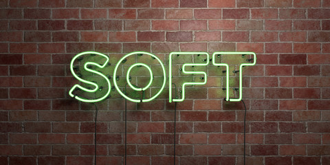 Fototapeta premium SOFT - fluorescent Neon tube Sign on brickwork - Front view - 3D rendered royalty free stock picture. Can be used for online banner ads and direct mailers..