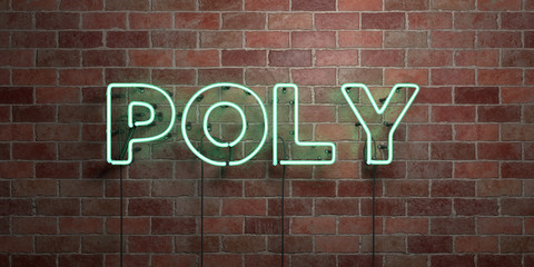 POLY - fluorescent Neon tube Sign on brickwork - Front view - 3D rendered royalty free stock picture. Can be used for online banner ads and direct mailers..