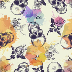 Seamless pattern with skulls and rose flowers drawn in engraving style and translucent colorful blots. Modern and trendy backdrop. Vector illustration for wallpaper, fabric print, poster, flyer.