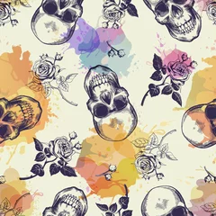 Wall murals Human skull in flowers Seamless pattern with skulls and rose flowers drawn in engraving style and translucent colorful blots. Modern and trendy backdrop. Vector illustration for wallpaper, fabric print, poster, flyer.