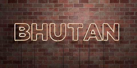 BHUTAN - fluorescent Neon tube Sign on brickwork - Front view - 3D rendered royalty free stock picture. Can be used for online banner ads and direct mailers..