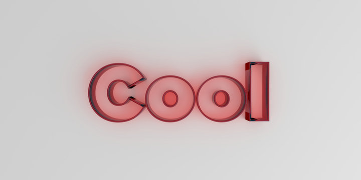 Cool - Red glass text on white background - 3D rendered royalty free stock image.